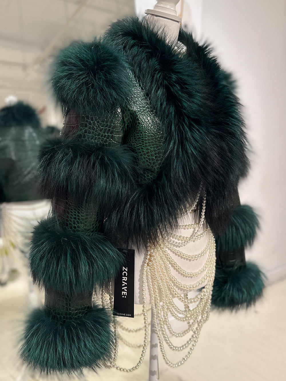 Dark Green Shaggy Fur Trim Glossy Croc Cropped Jacket 11