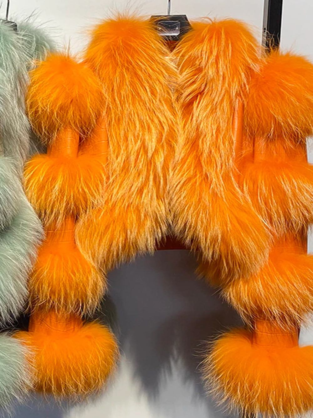 Orange Shaggy Fur Trim Croc Leather Cropped Jacket 15