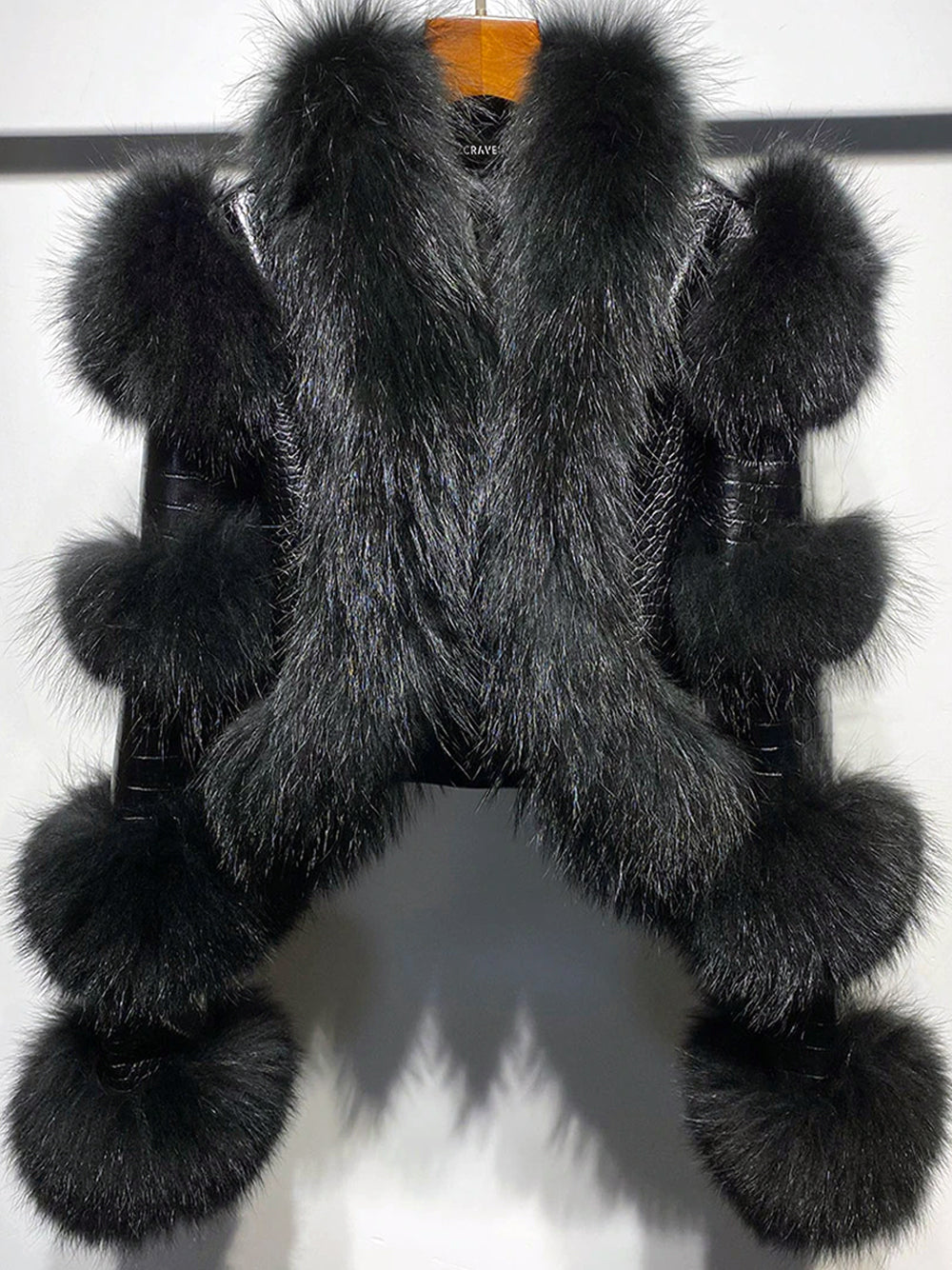 Black Fur Trim Croc Embossed Leather Cropped Jacket