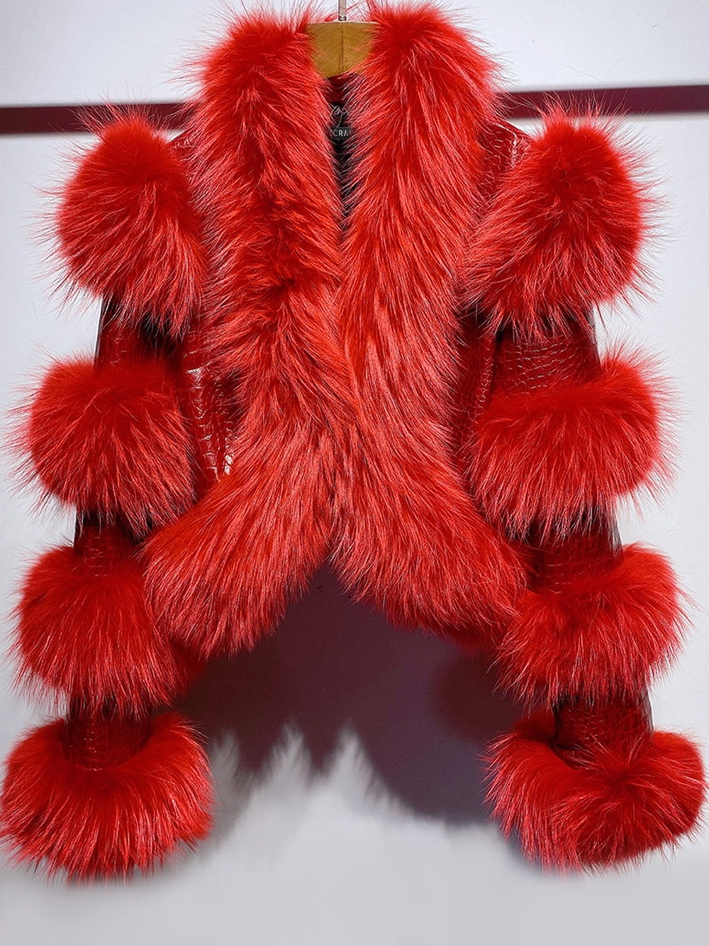 Red Fluffy Faux Fur Panel Leather Cropped Jacket