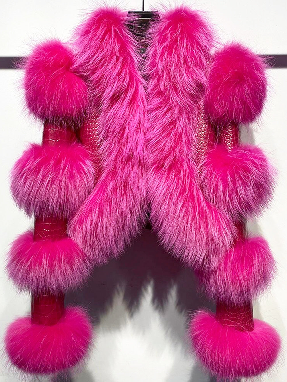 Fuchsia Shaggy Fur Trim Croc Leather Cropped Jacket 22