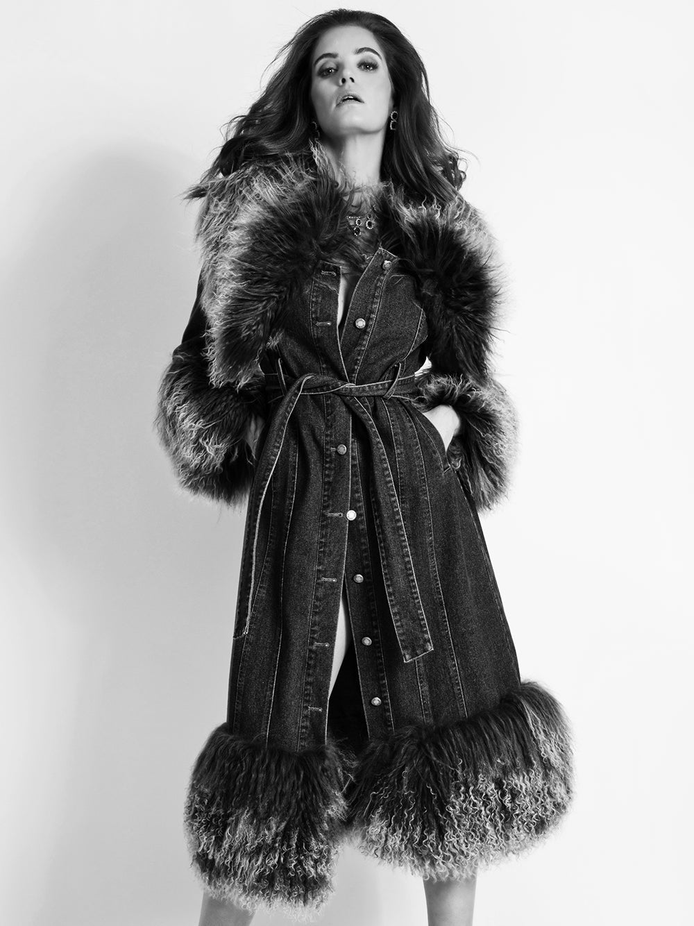 Black Shearling Fur Trim Collar Belted Longline Denim Coat 3