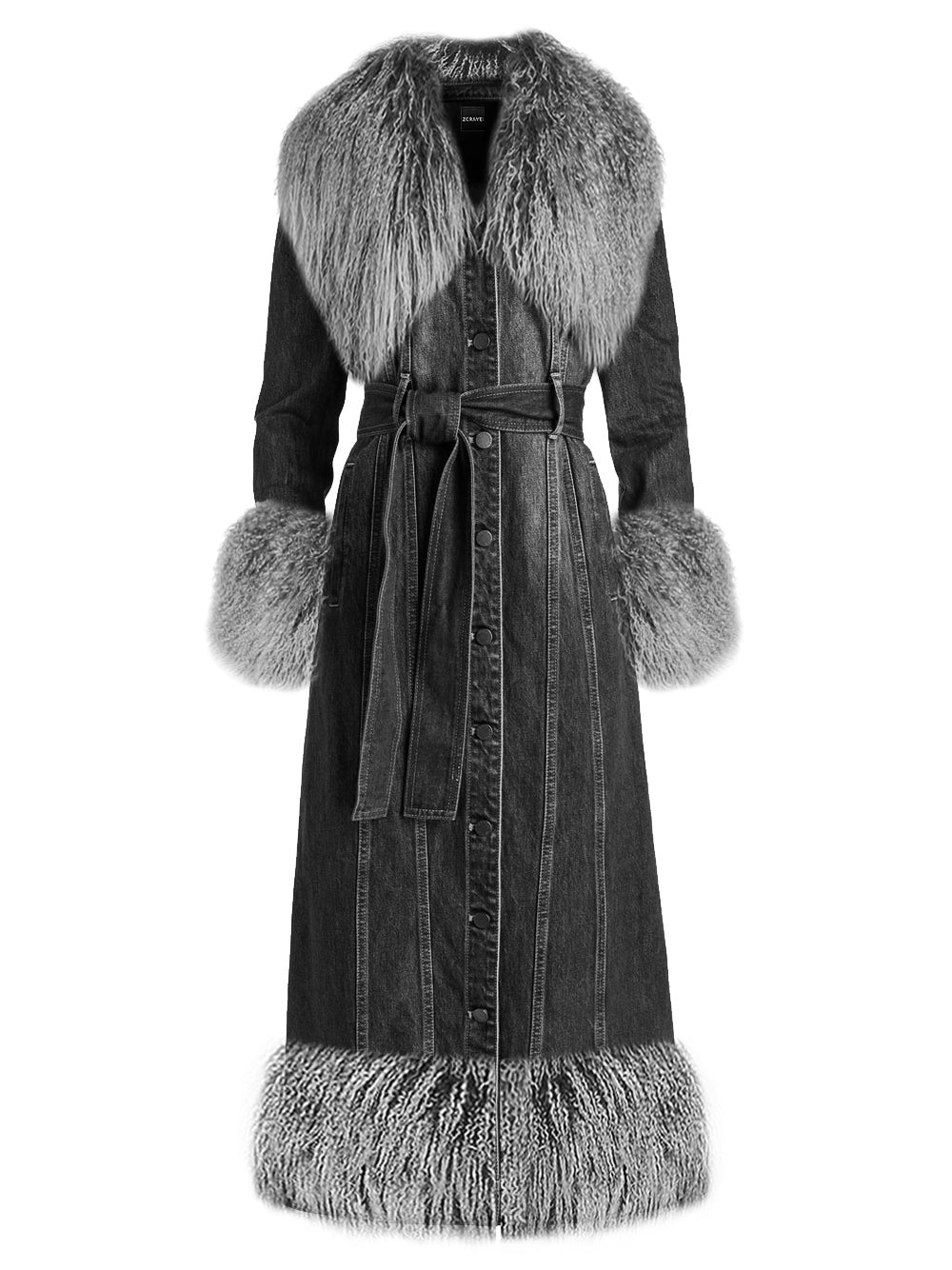 Black Shearling Fur Trim Collar Belted Longline Denim Coat 4