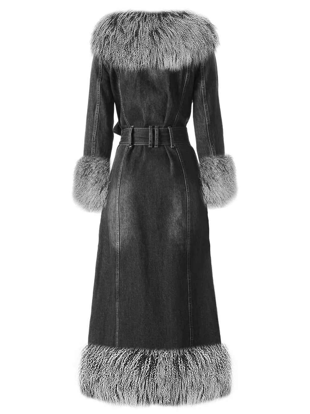 Black Shearling Fur Trim Collar Belted Longline Denim Coat 5