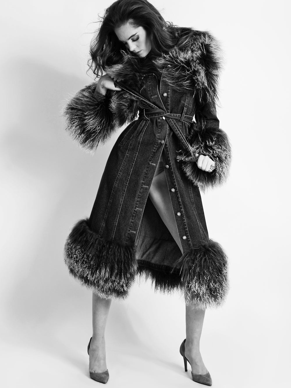 Black Shearling Fur Trim Collar Belted Longline Denim Coat