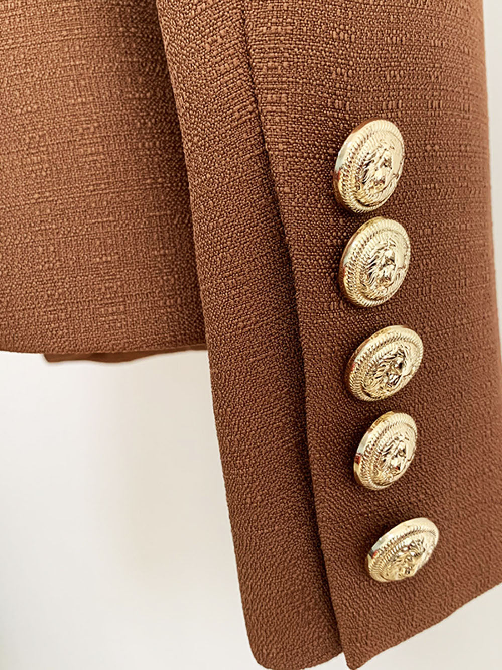 Brown Peak Lapel Double Breasted Gold Button Textured Blazer