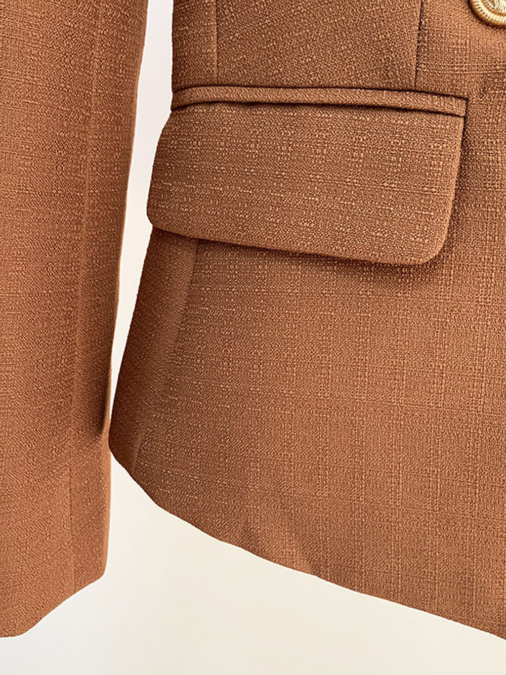 Brown Peak Lapel Double Breasted Gold Button Textured Blazer