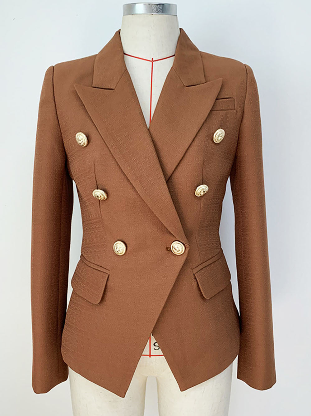 Brown Peak Lapel Double Breasted Gold Button Textured Blazer