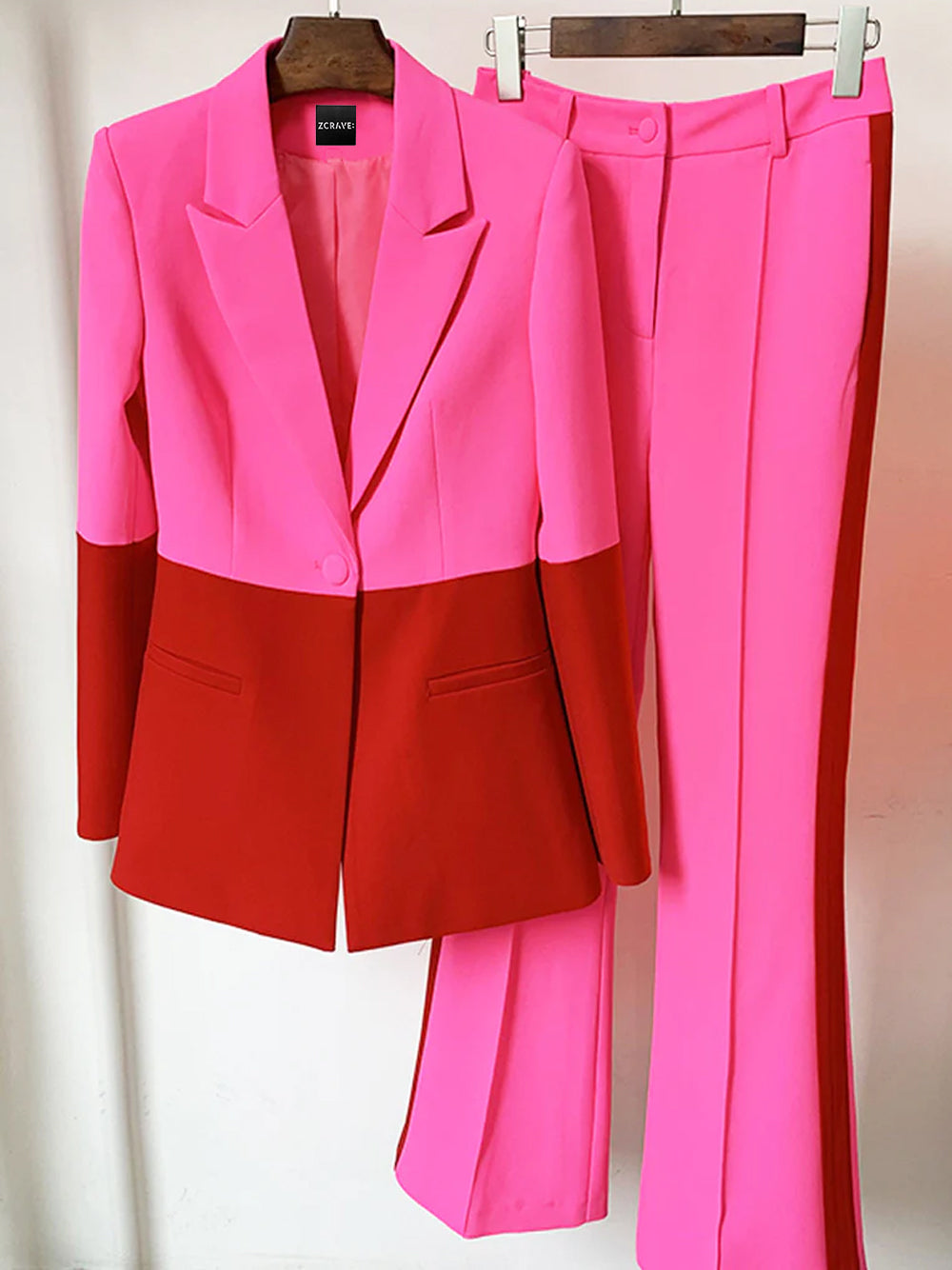 Fuchsia Peak Lapel Color-Block Button Cuff Blazer and Pants Set 9