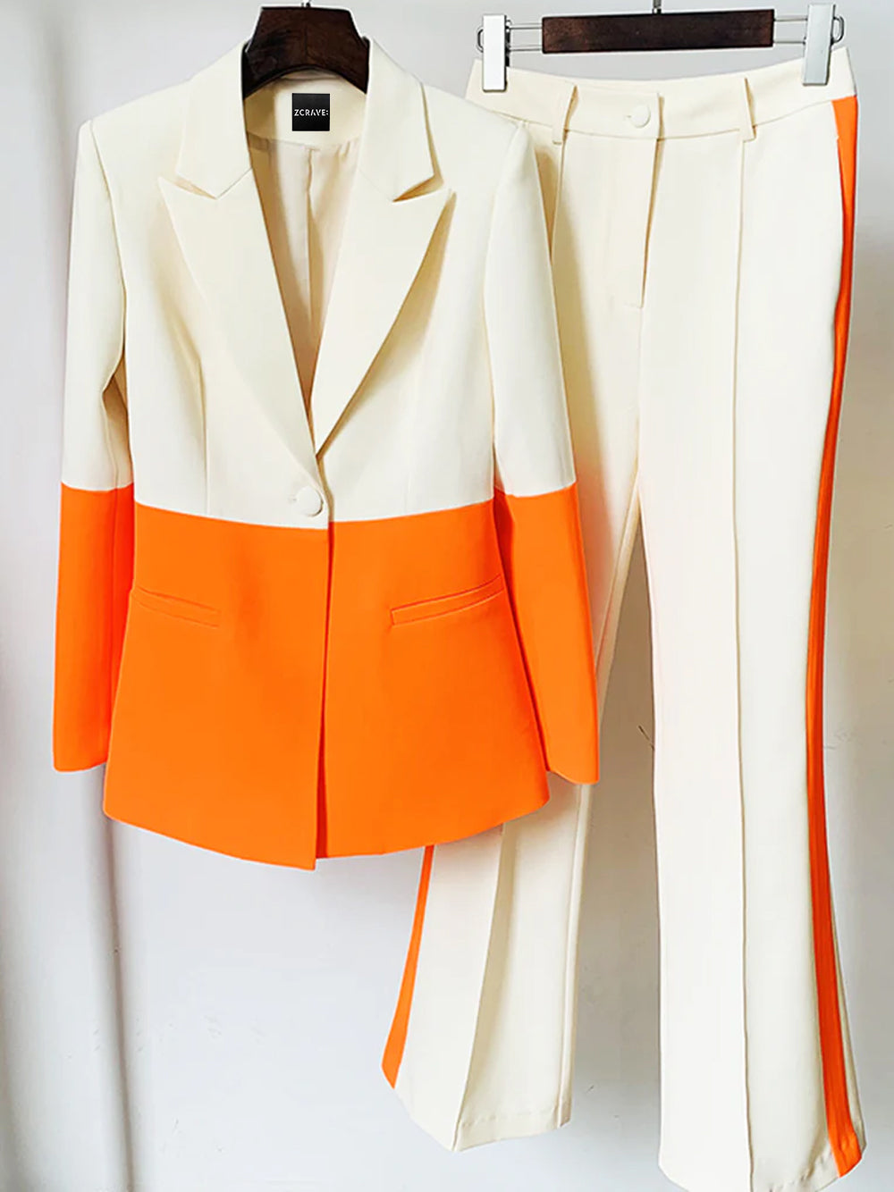 Orange Notch Lapel Color Block Blazer And Flare Pants Set 7