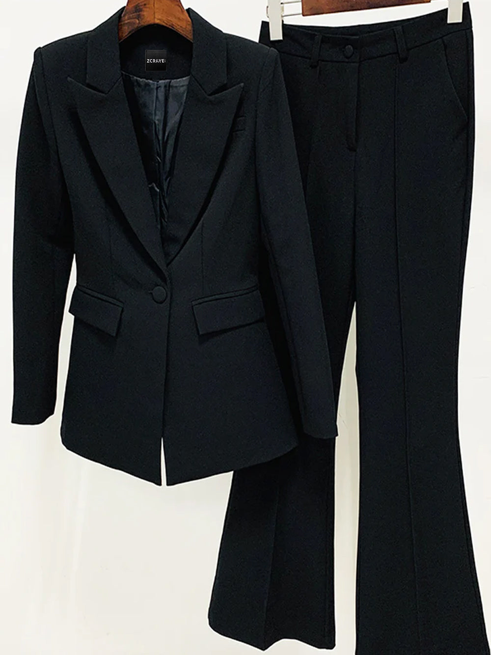 Black Peak Lapel Single Button Blazer and Flared Pants Set 20