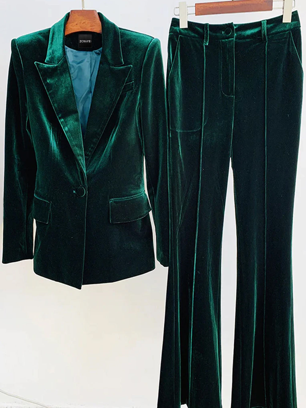 Green Peak Lapel Plunge Velvet Blazer And Flared Pants Set