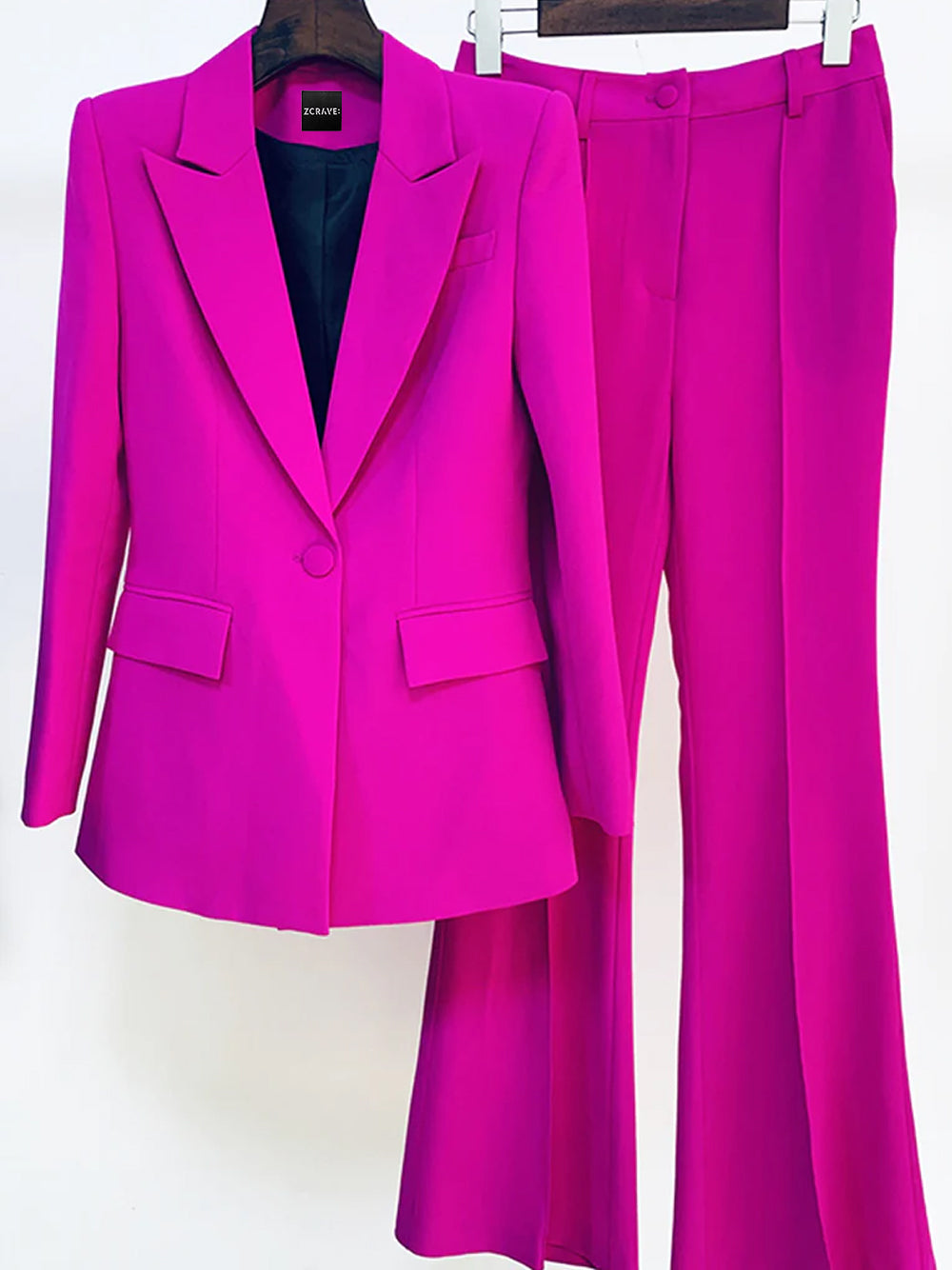 Fuchsia Peak Lapel Plunge Tailored Blazer and Flared Pants Set 8