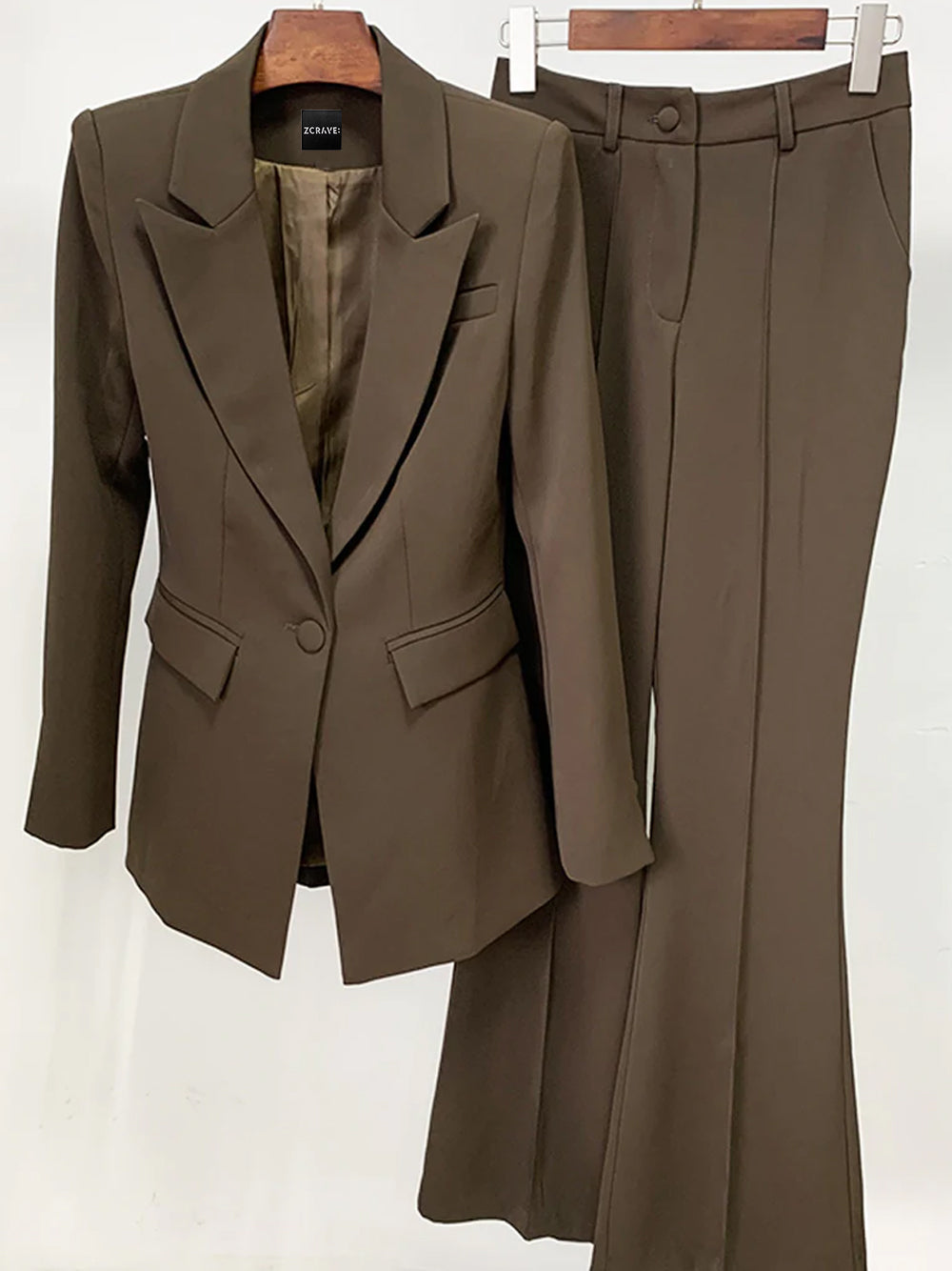 Brown Peak Lapel Tailored Blazer And Flared Pants Set 7