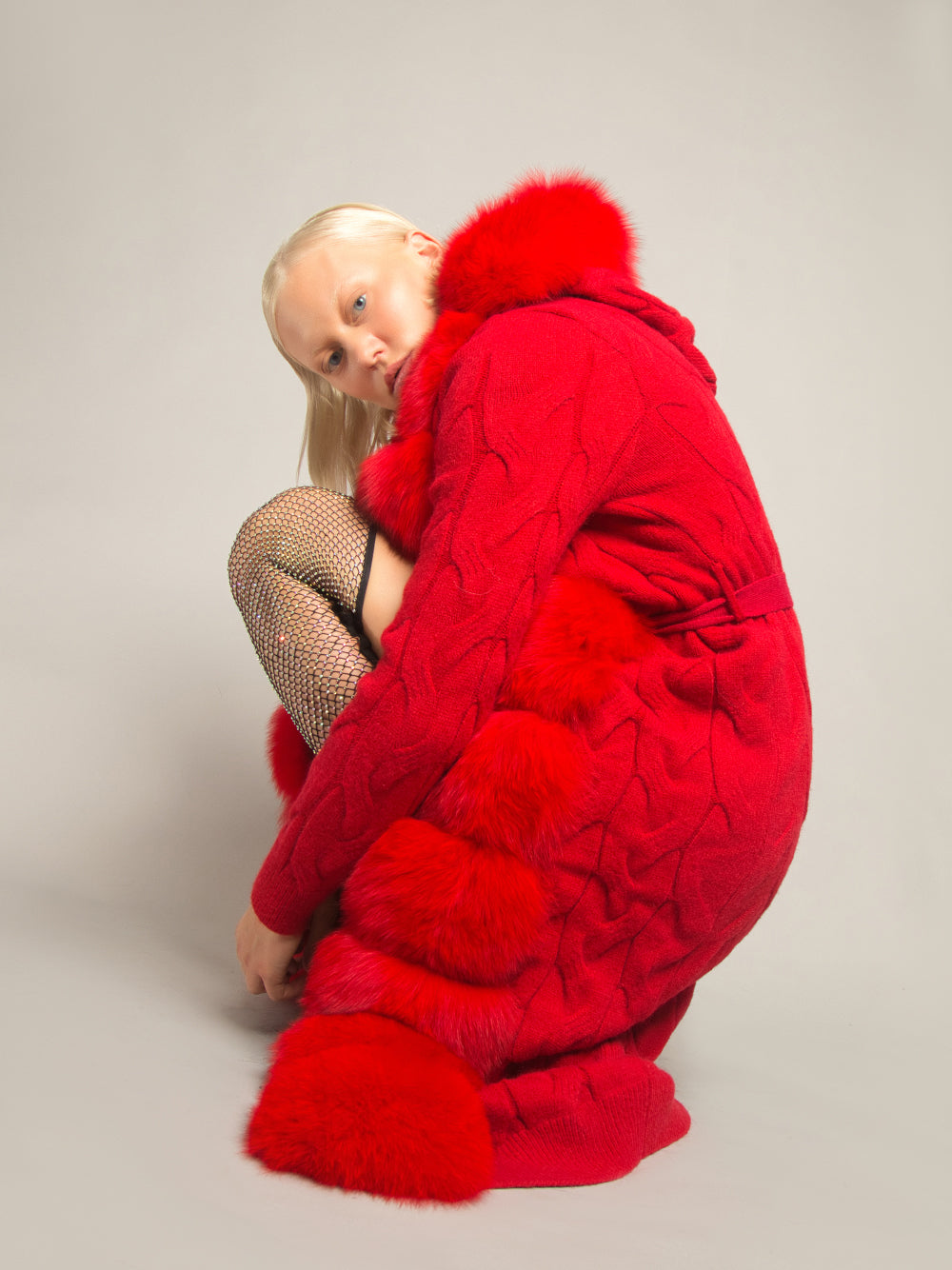 Red Fur Trim Cable Knit Longline Cardigan 2
