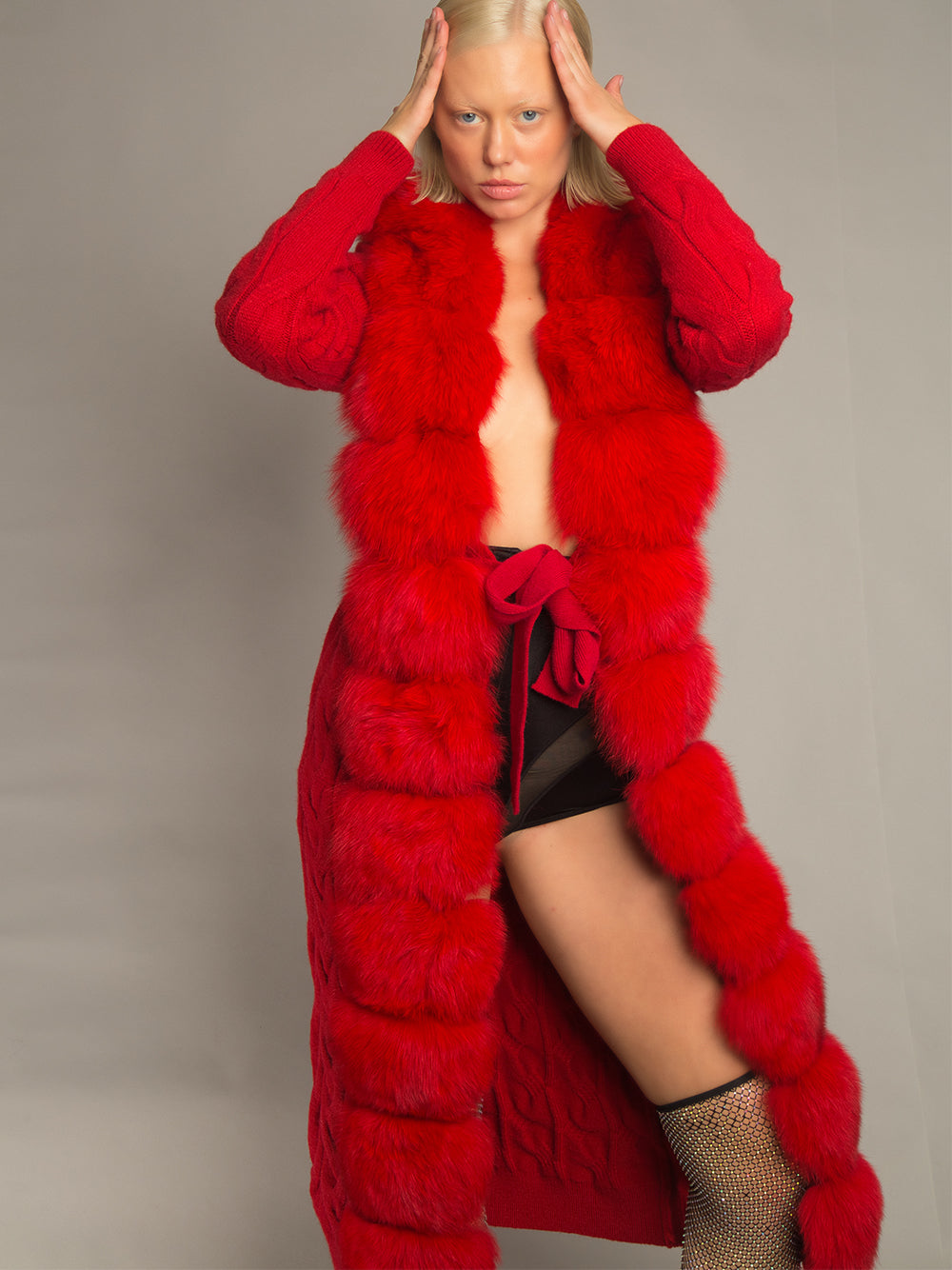 Red Fur Trim Cable Knit Longline Cardigan 3