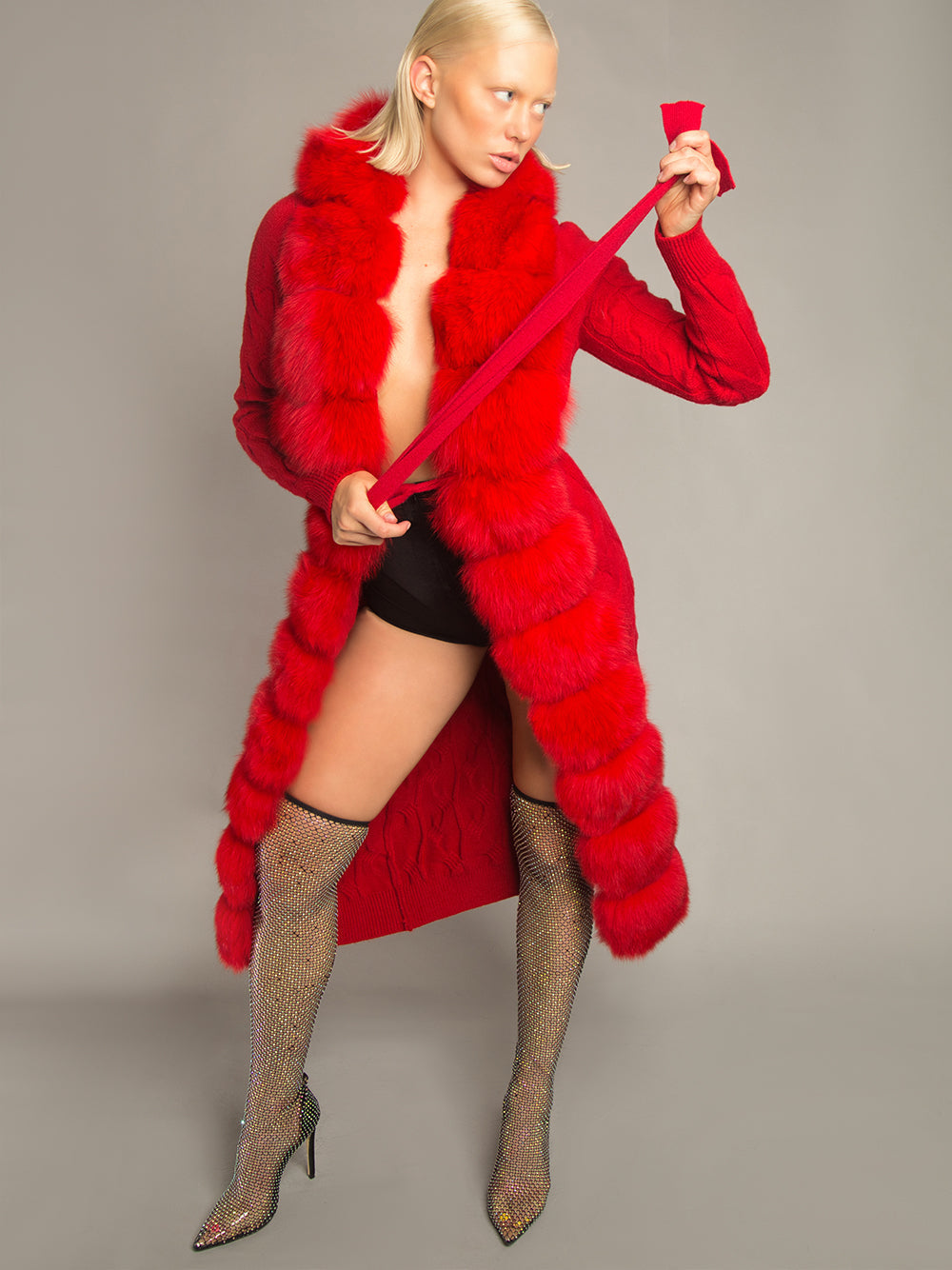 Red Fur Trim Cable Knit Longline Cardigan