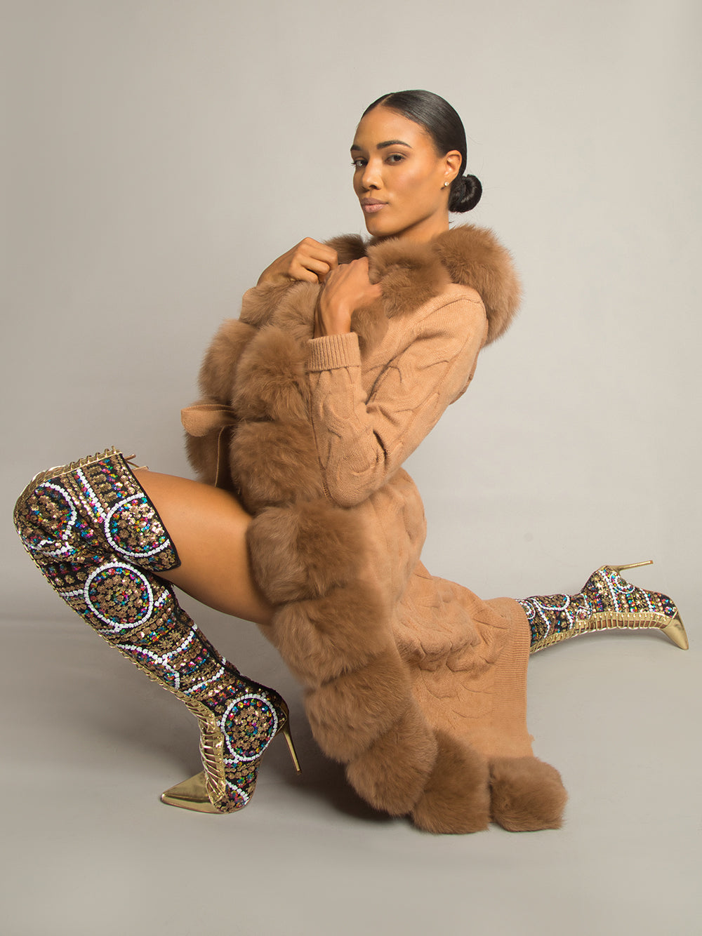Fur Trim Belted Cable Knit Longline Cardigan 15