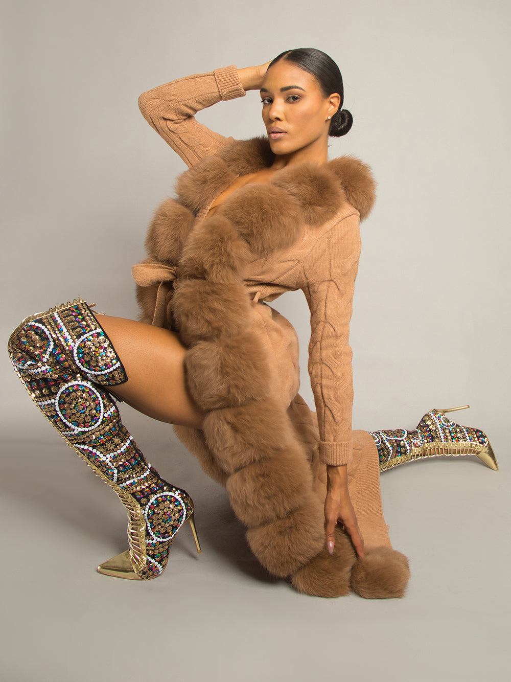 Fur Trim Belted Cable Knit Longline Cardigan