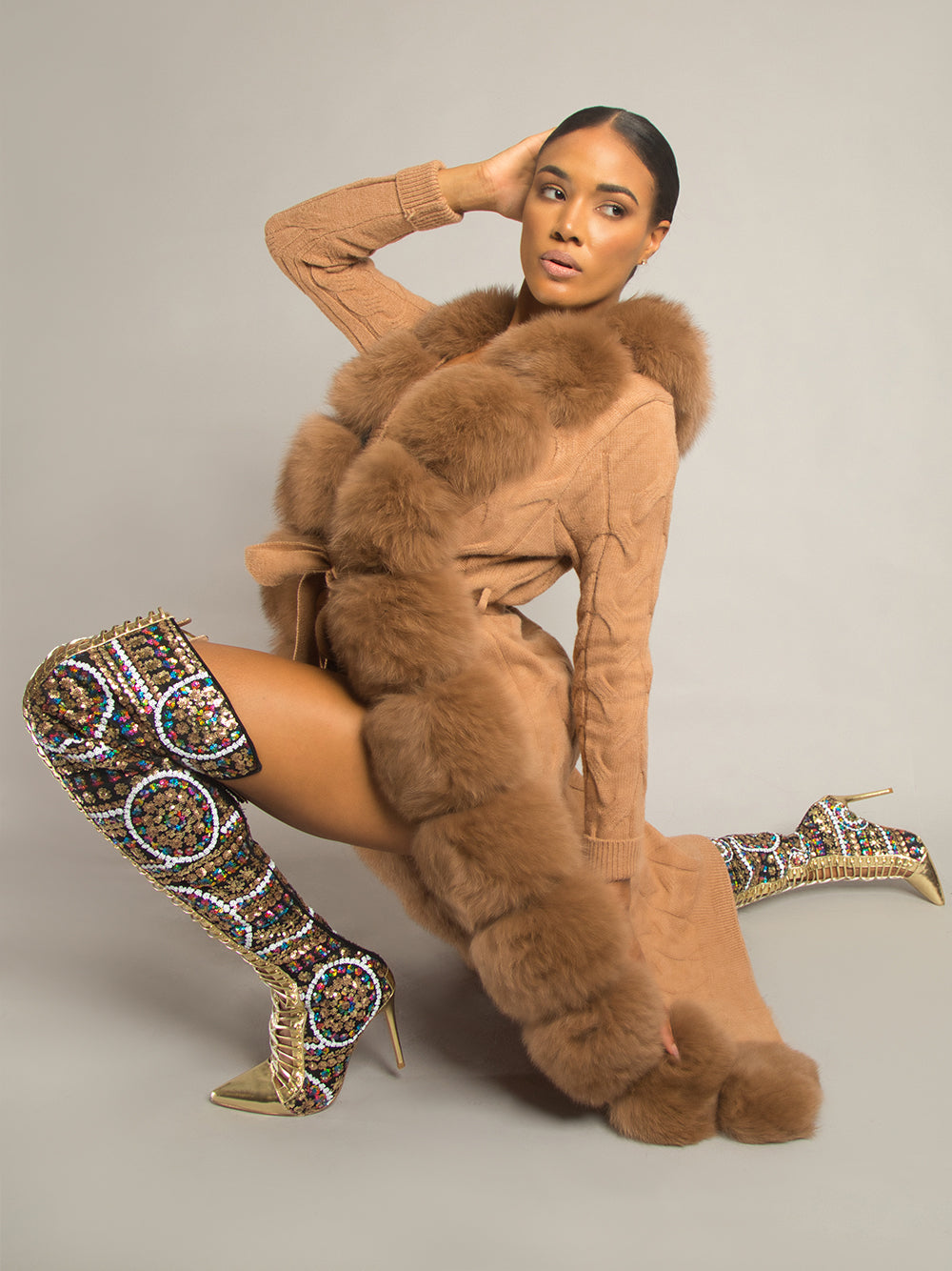 Fur Trim Belted Cable Knit Longline Cardigan 24