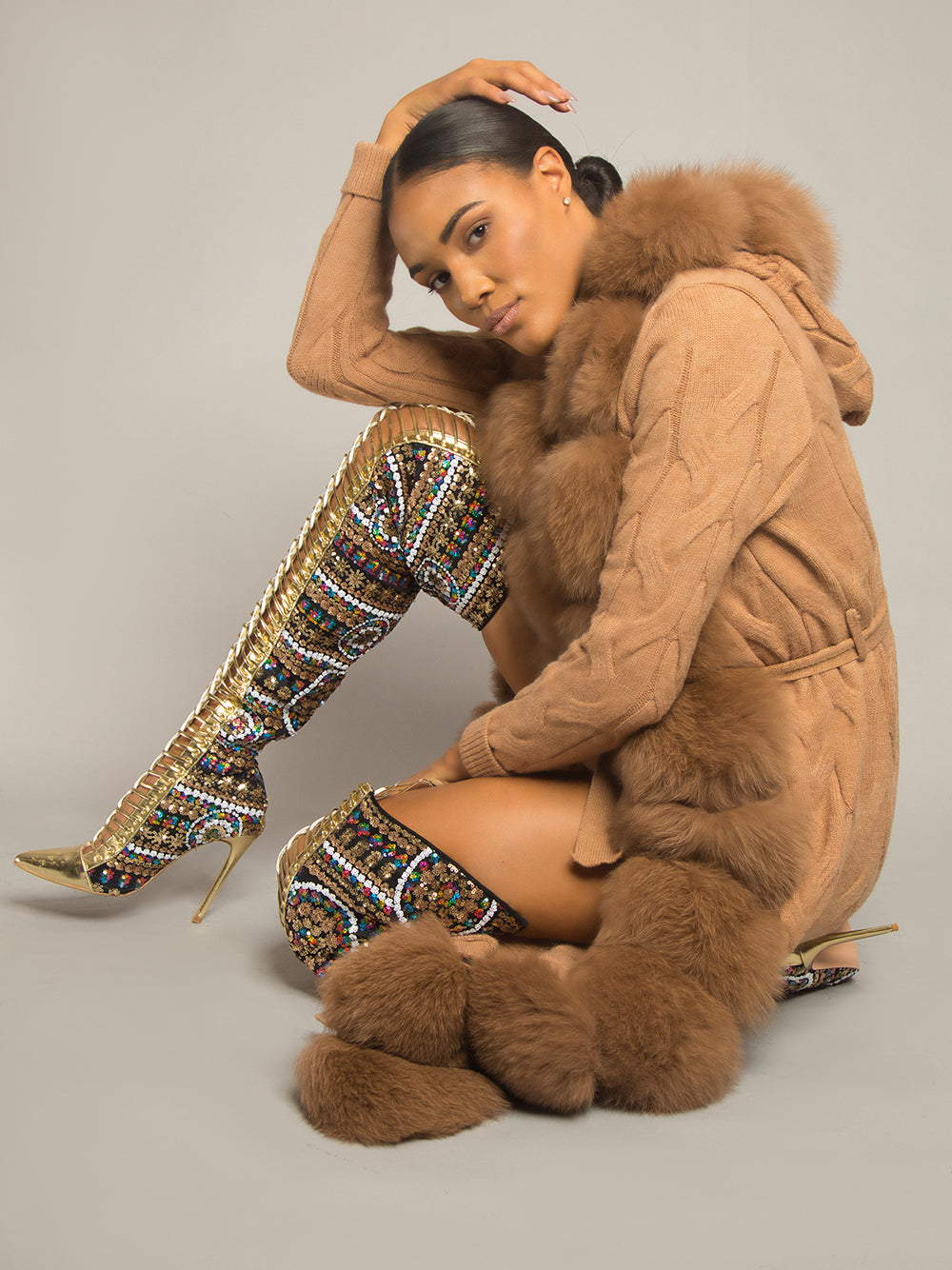 Fur Trim Belted Cable Knit Longline Cardigan 6