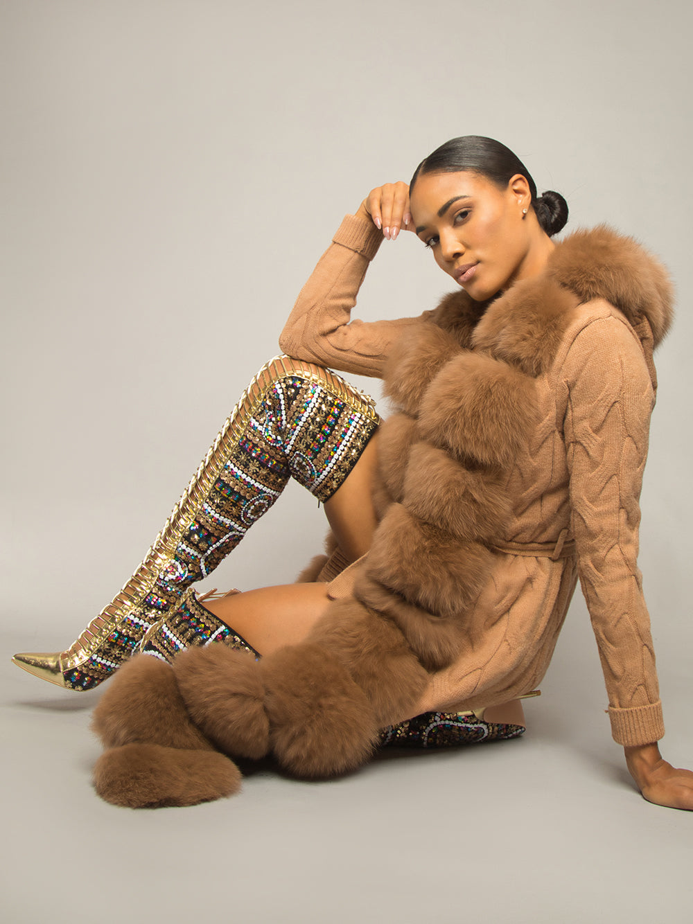 Fur Trim Belted Cable Knit Longline Cardigan 25