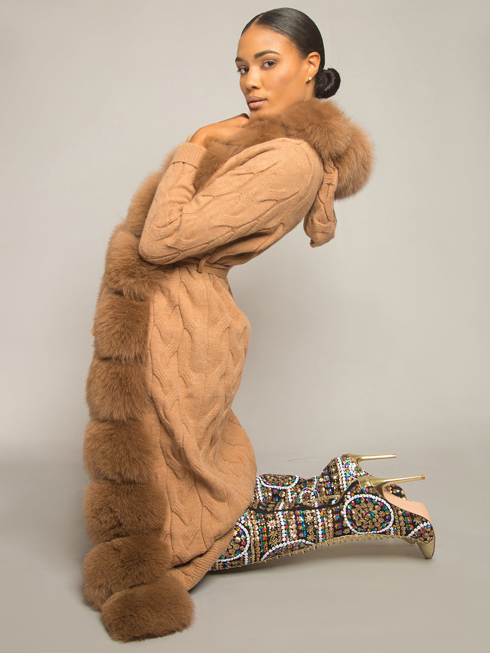 Fur Trim Belted Cable Knit Longline Cardigan 3