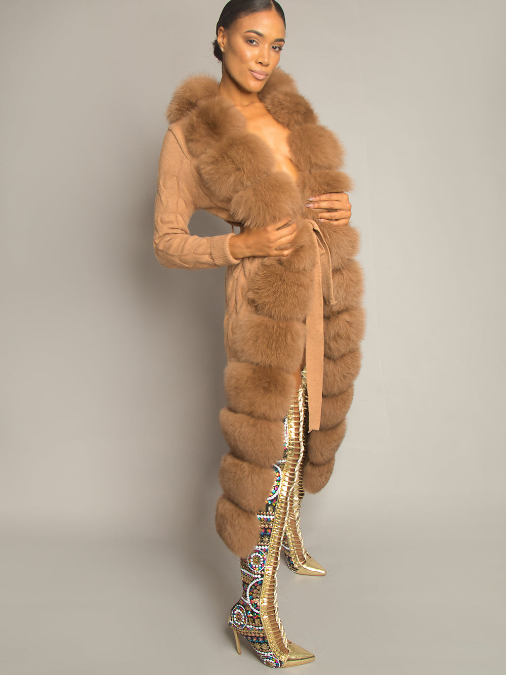 Fur Trim Belted Cable Knit Longline Cardigan 2