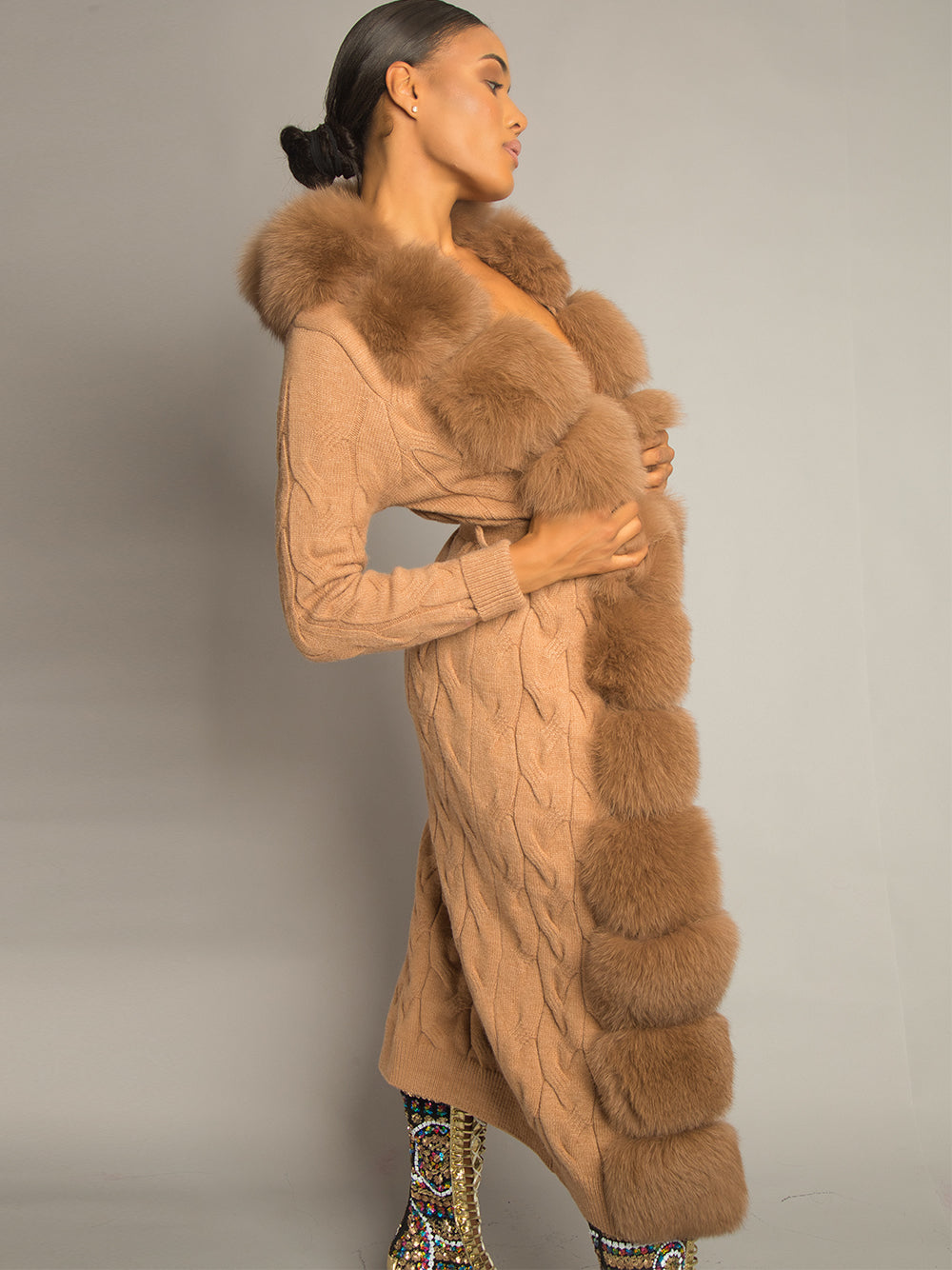 Fur Trim Belted Cable Knit Longline Cardigan 4