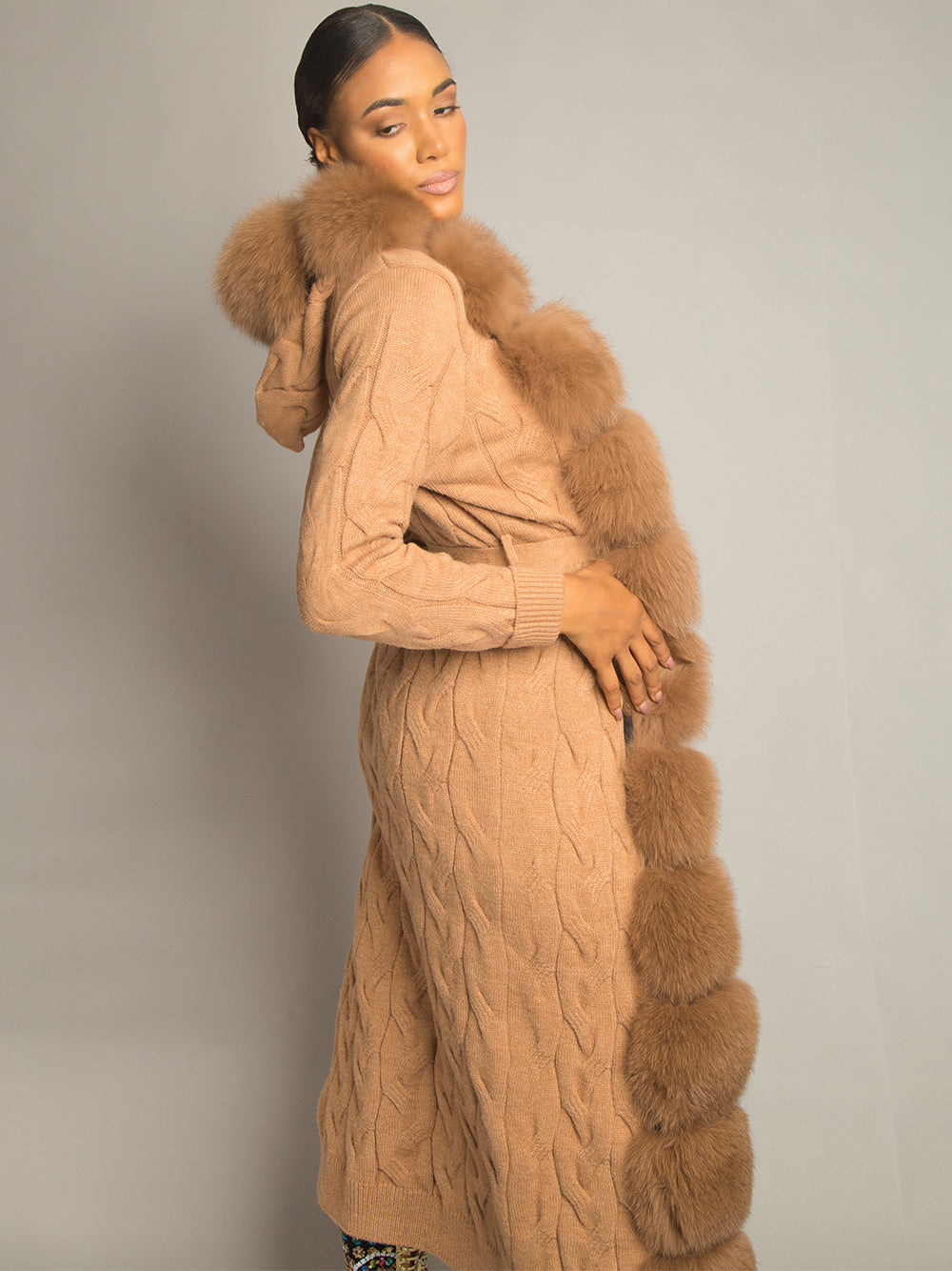 Fur Trim Belted Cable Knit Longline Cardigan 16