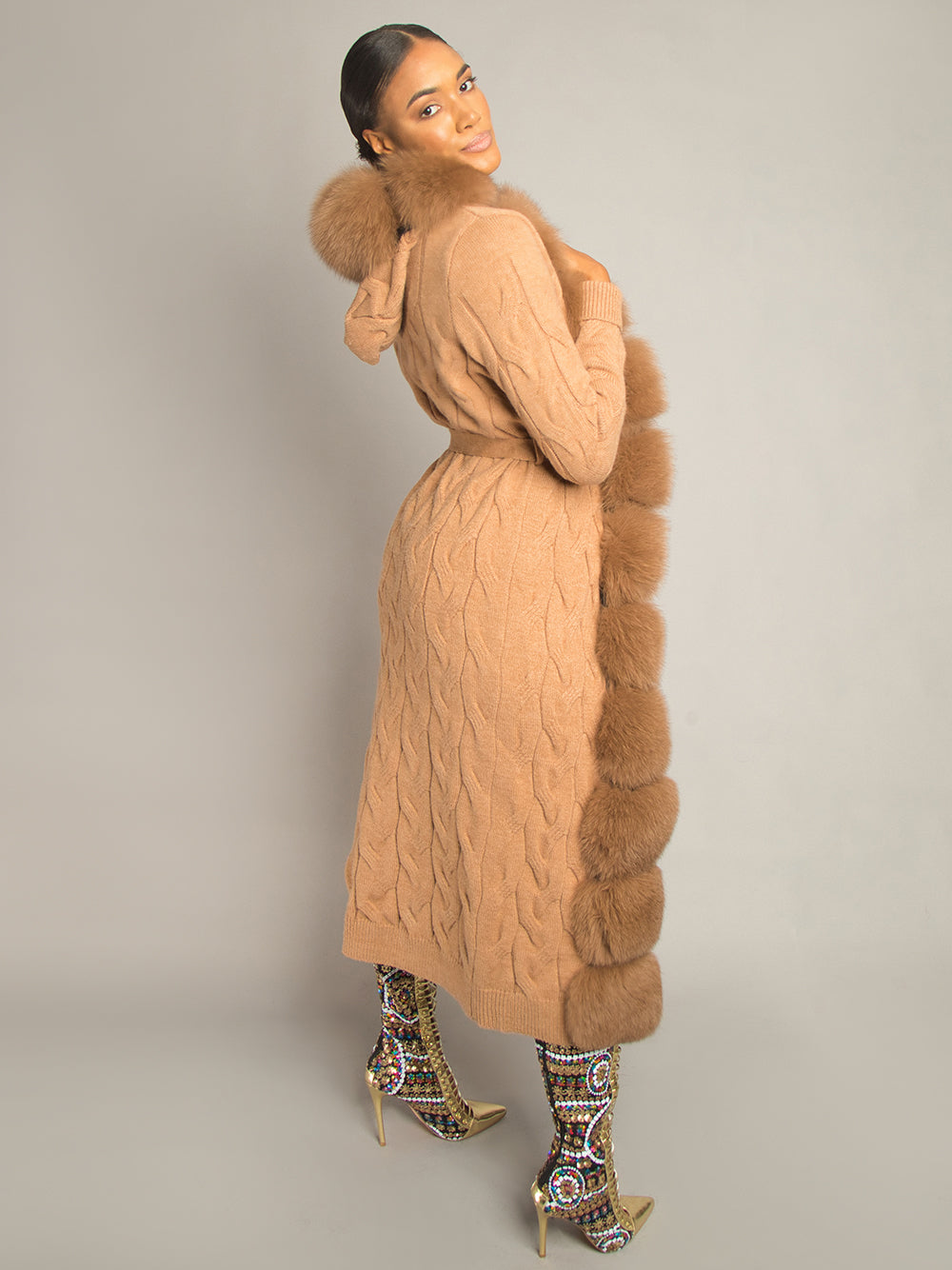 Fur Trim Belted Cable Knit Longline Cardigan 20