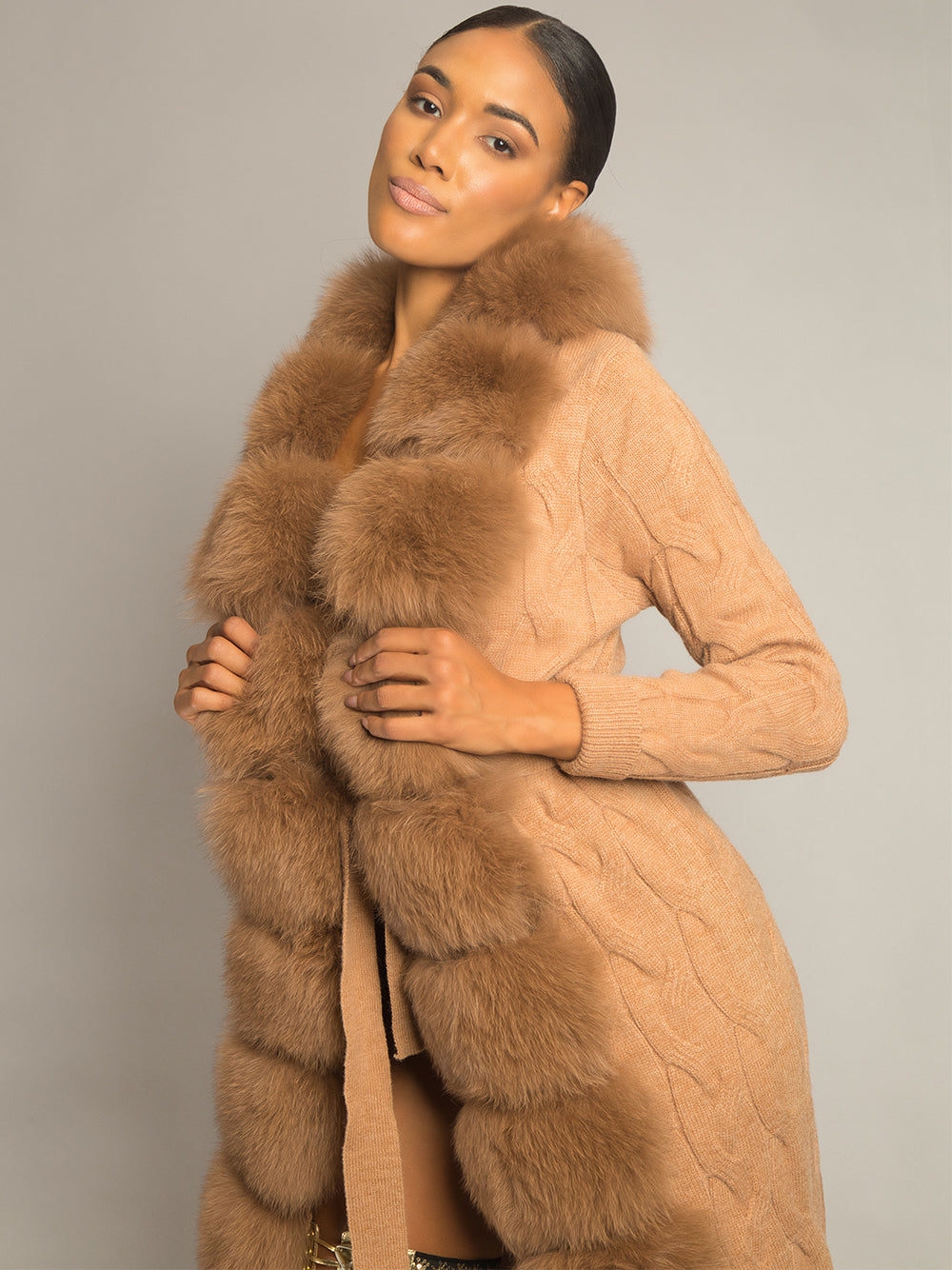 Fur Trim Belted Cable Knit Longline Cardigan 17