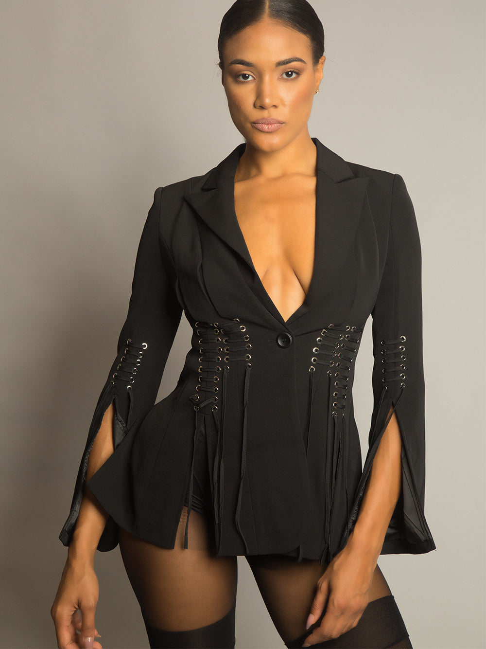 Lapel Collar Lace-Up Corset Waist Split Sleeve Blazer 3