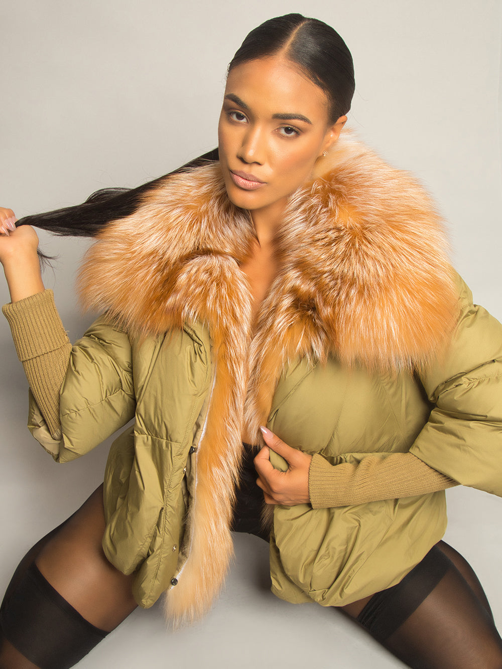 Khaki Fox Fur Shawl Collar Ribbed Cuff Puffer Jacket