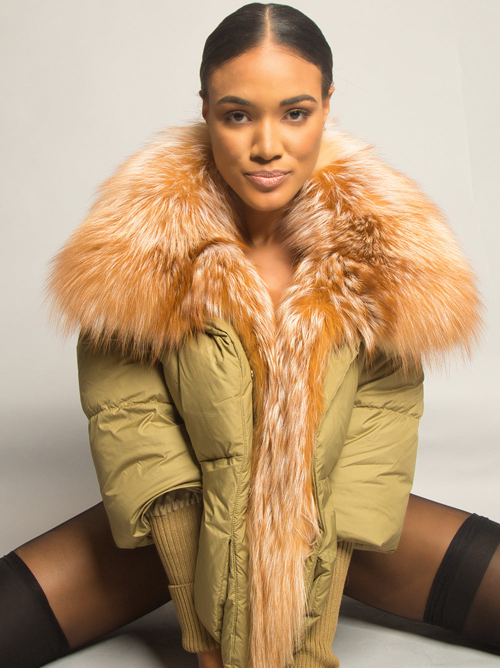Khaki Fox Fur Shawl Collar Ribbed Cuff Puffer Jacket