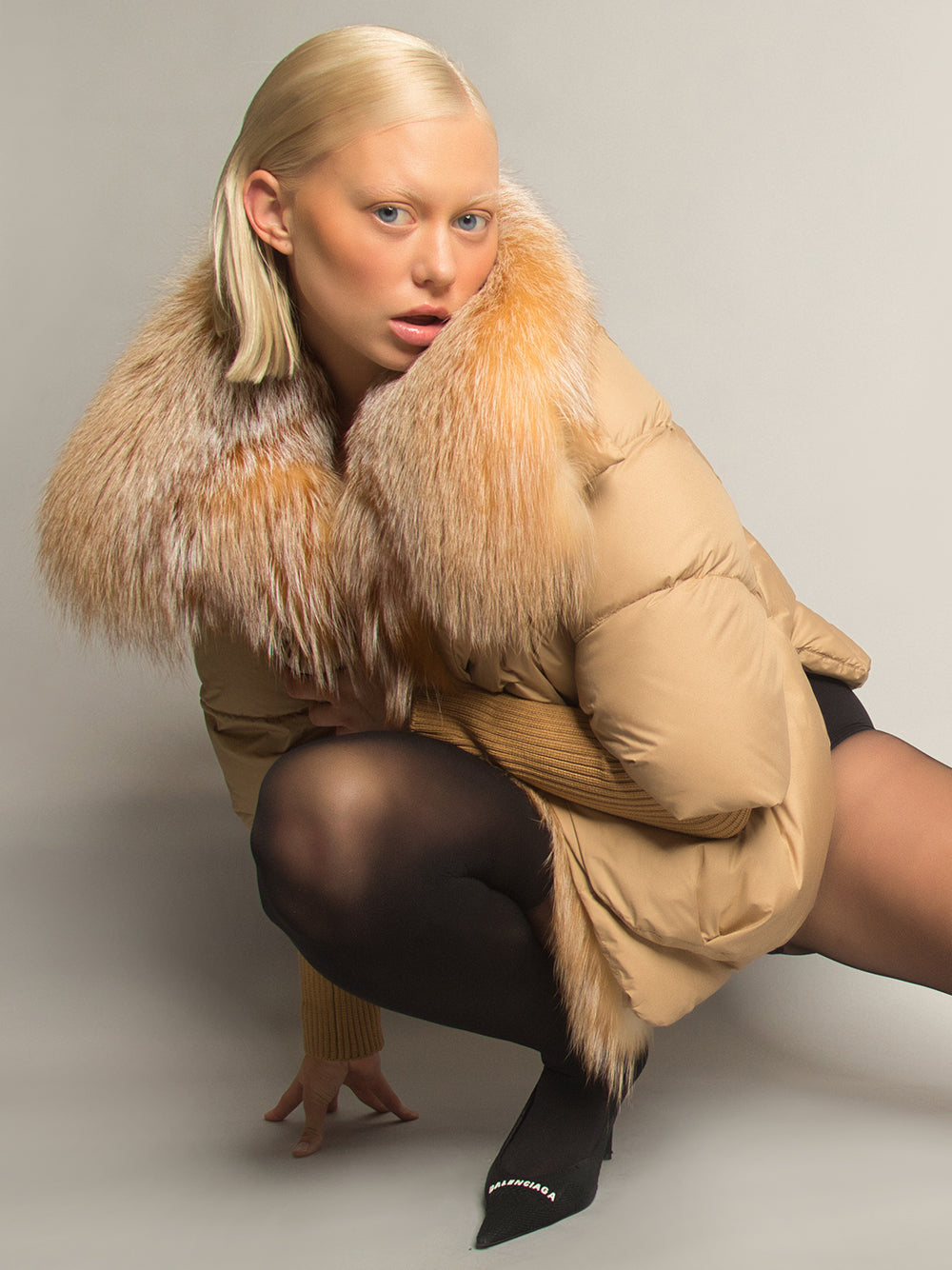 Tan Fur Shawl Collar Ribbed Knit Cuff Puffer Jacket