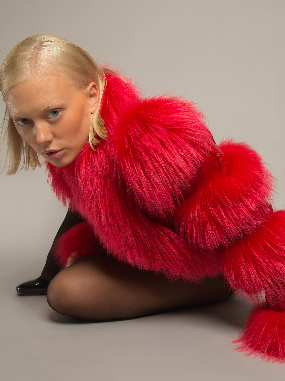 Red Fluffy Faux Fur Panel Leather Cropped Jacket