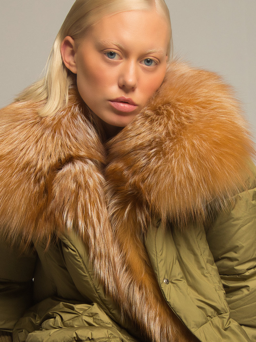 Khaki Fox Fur Shawl Collar Ribbed Cuff Puffer Jacket
