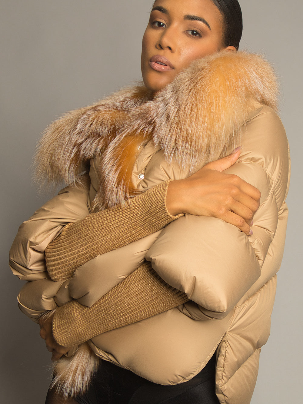 Tan Fur Shawl Collar Ribbed Knit Cuff Puffer Jacket
