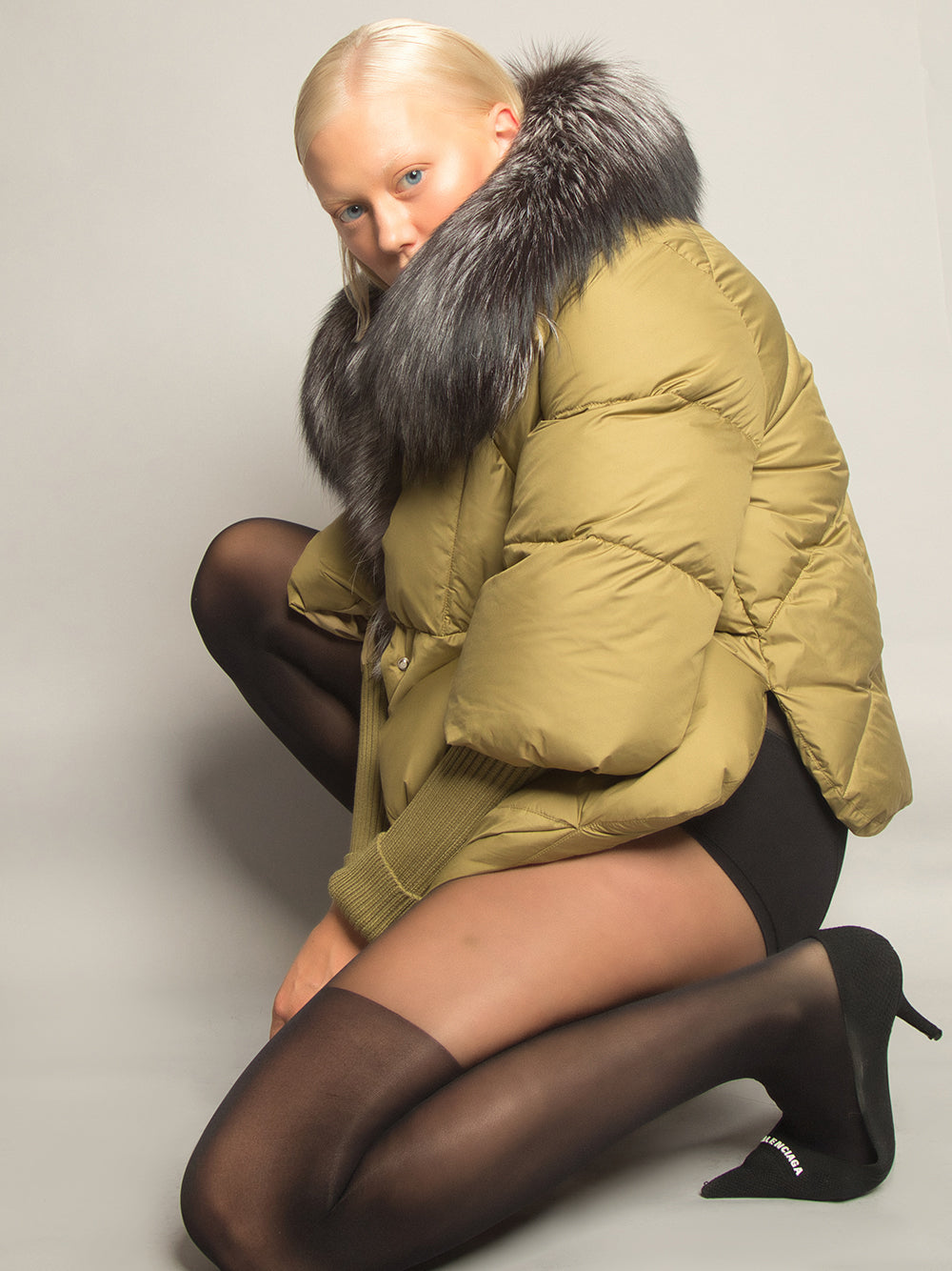 Khaki Oversized Fur Shawl Collar Ribbed Cuff Puffer Jacket