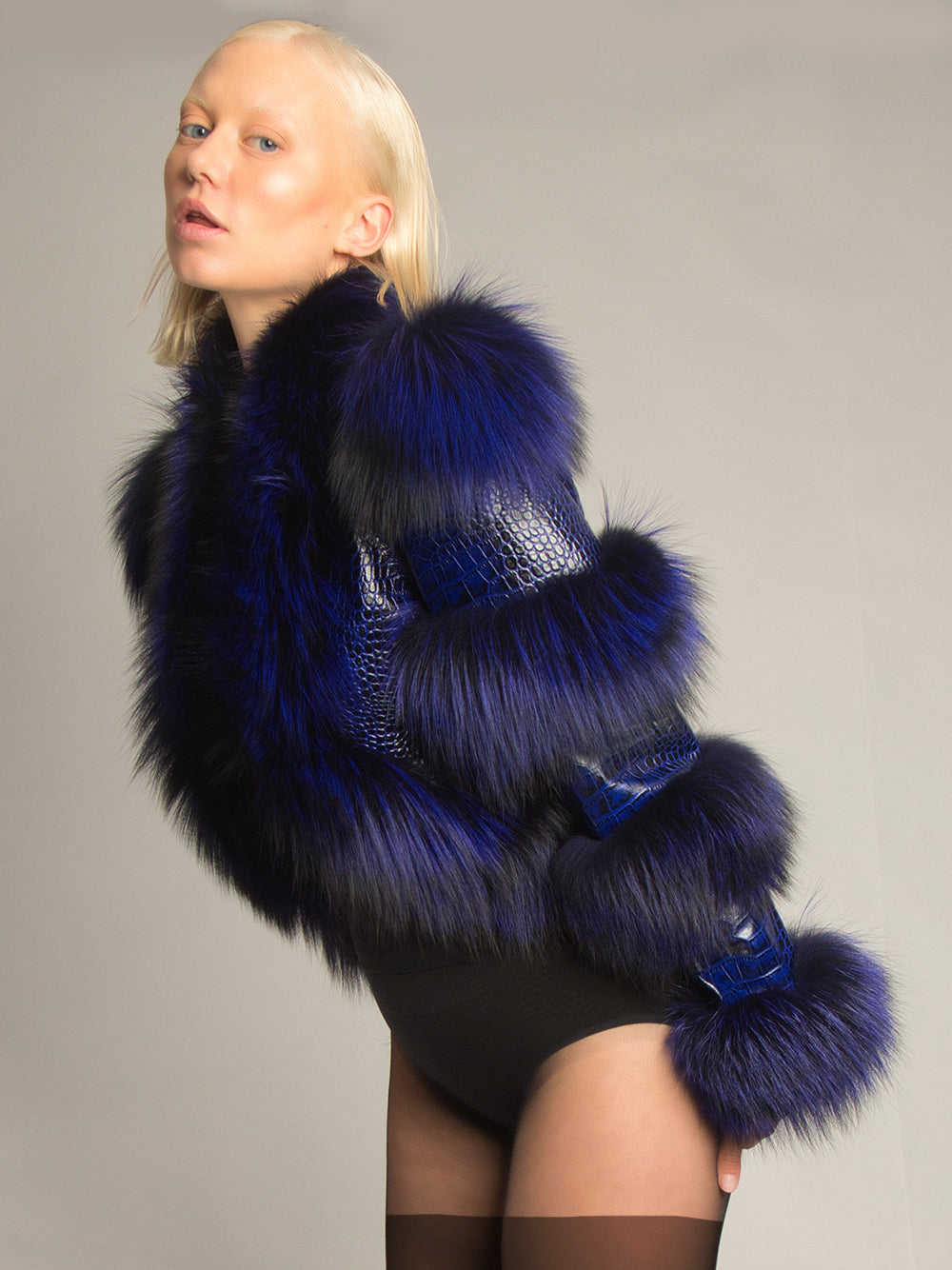 Blue Tiered Fur Panel Croc Leather Cropped Jacket