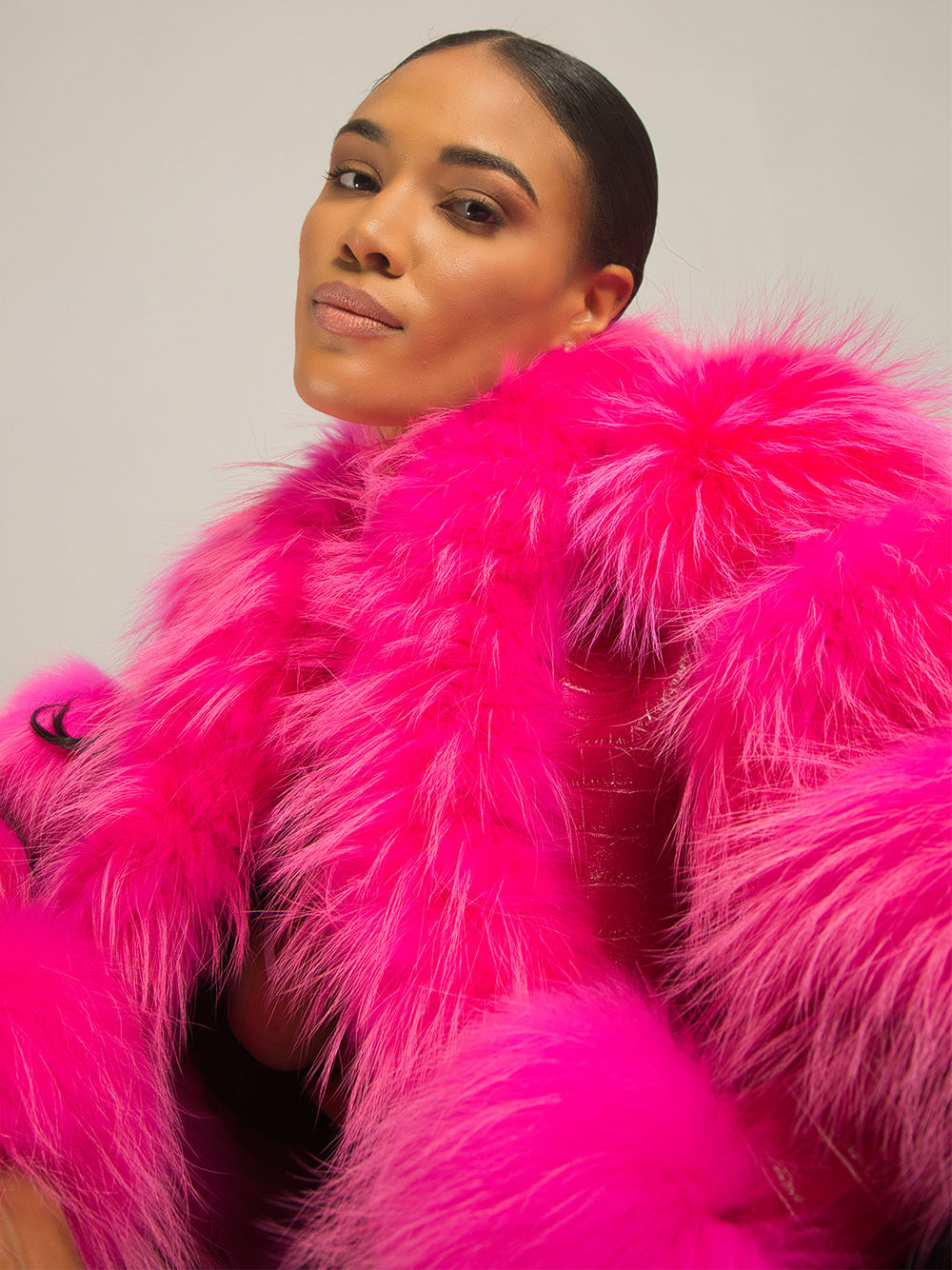 Fuchsia Shaggy Fur Trim Croc Leather Cropped Jacket 17
