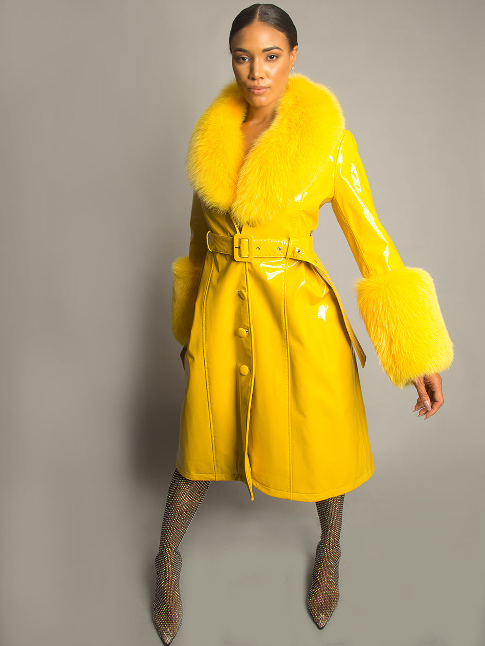 Yellow Fur Collar Patent Leather Belted Button Front Long Coat 5