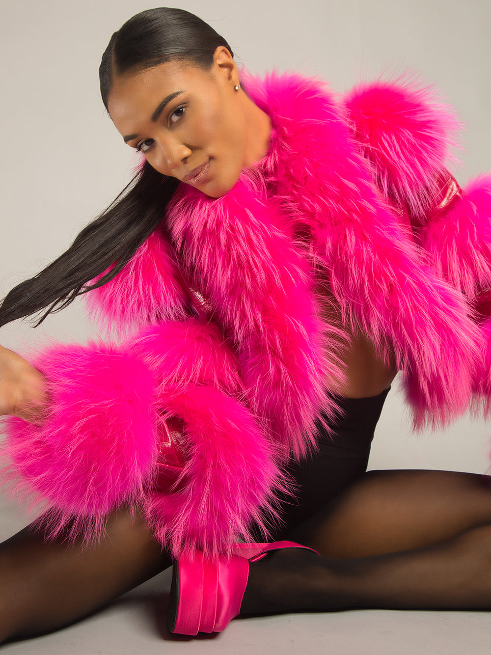 Fuchsia Shaggy Fur Trim Croc Leather Cropped Jacket 13