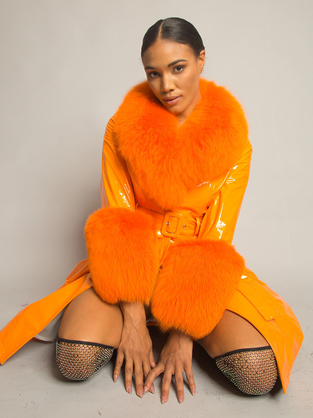Orange Fur Collar Fur Cuff Belted Patent Leather Trench Coat 6