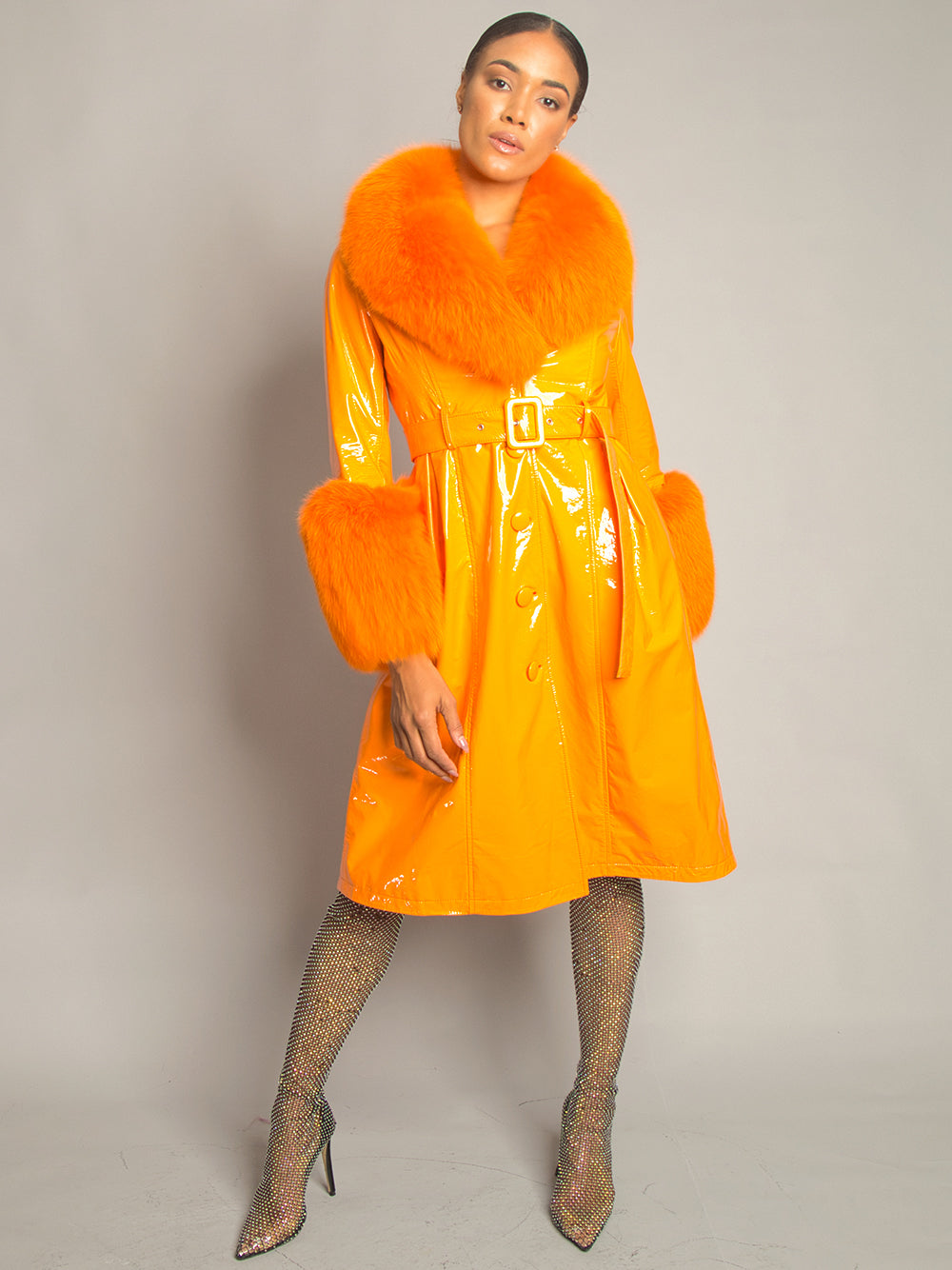 Orange Fur Collar Fur Cuff Belted Patent Leather Trench Coat 9