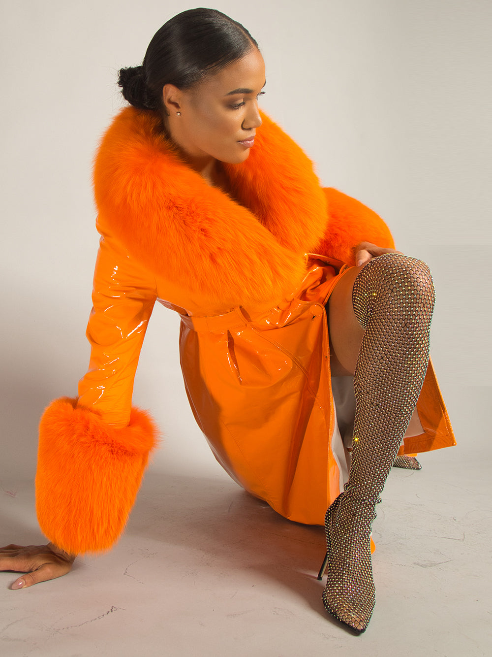 Orange Fur Collar Fur Cuff Belted Patent Leather Trench Coat 17