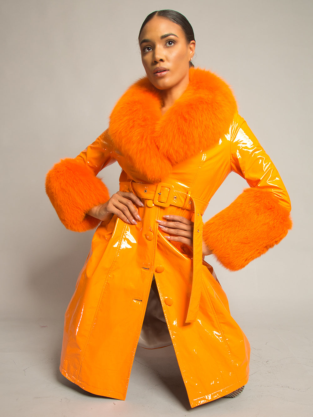 Orange Fur Collar Fur Cuff Belted Patent Leather Trench Coat 3