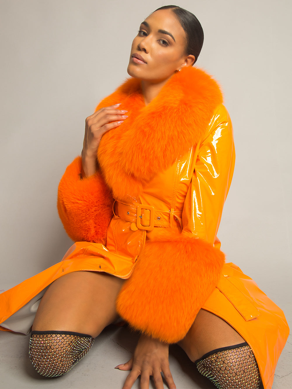 Orange Fur Collar Fur Cuff Belted Patent Leather Trench Coat 14