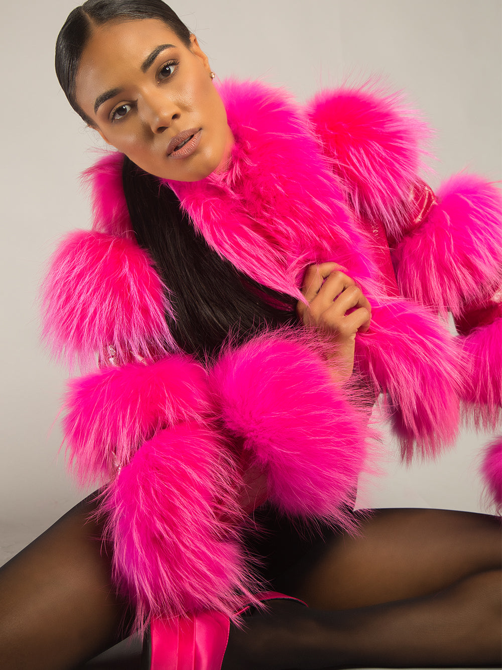 Fuchsia Shaggy Fur Trim Croc Leather Cropped Jacket 11